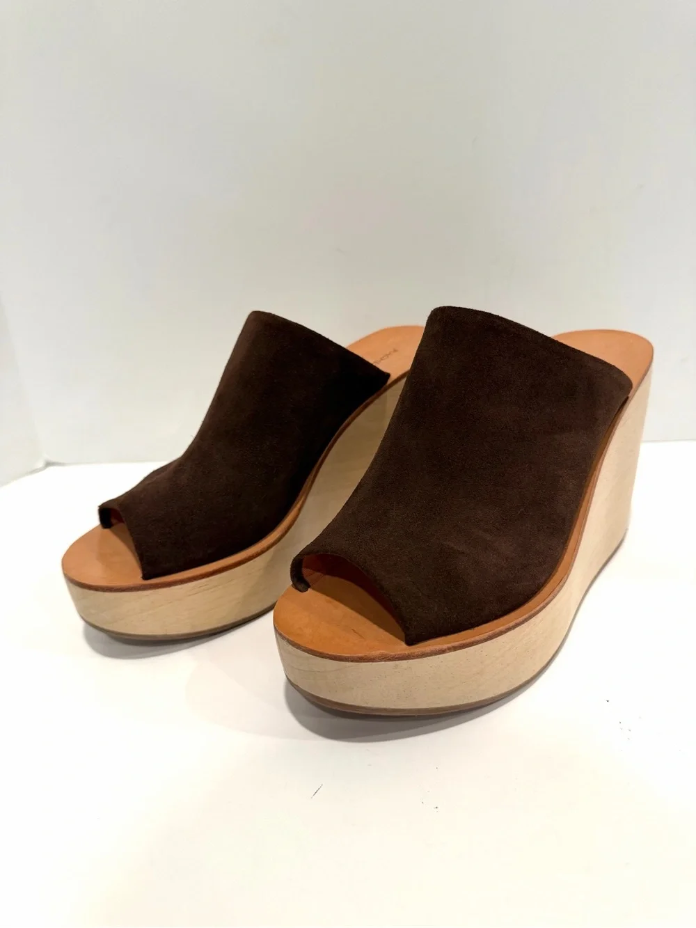 Rachel Comey Brown Suede Peep Toe Wood Platform Wedge Mules Size 8